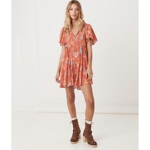Spell Meadowland Flutter Sleeve Mini Dress Poppy XS Floral Hemstitch Buttons